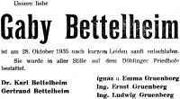 Todesanzeige für Gabriele Bettelheim (geborene Gruenberg)